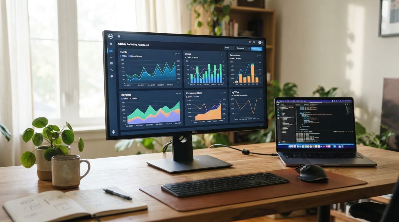 Monitor showing affiliate analytics charts beside a laptop on a wooden desk.