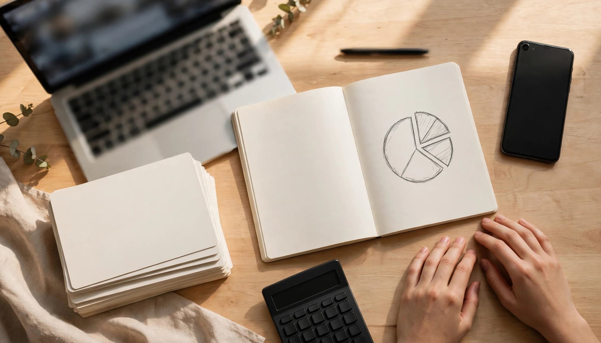 Notebook, calculator, phone, blank cards, laptop, and relaxed hands arranged on a warm home office desk.