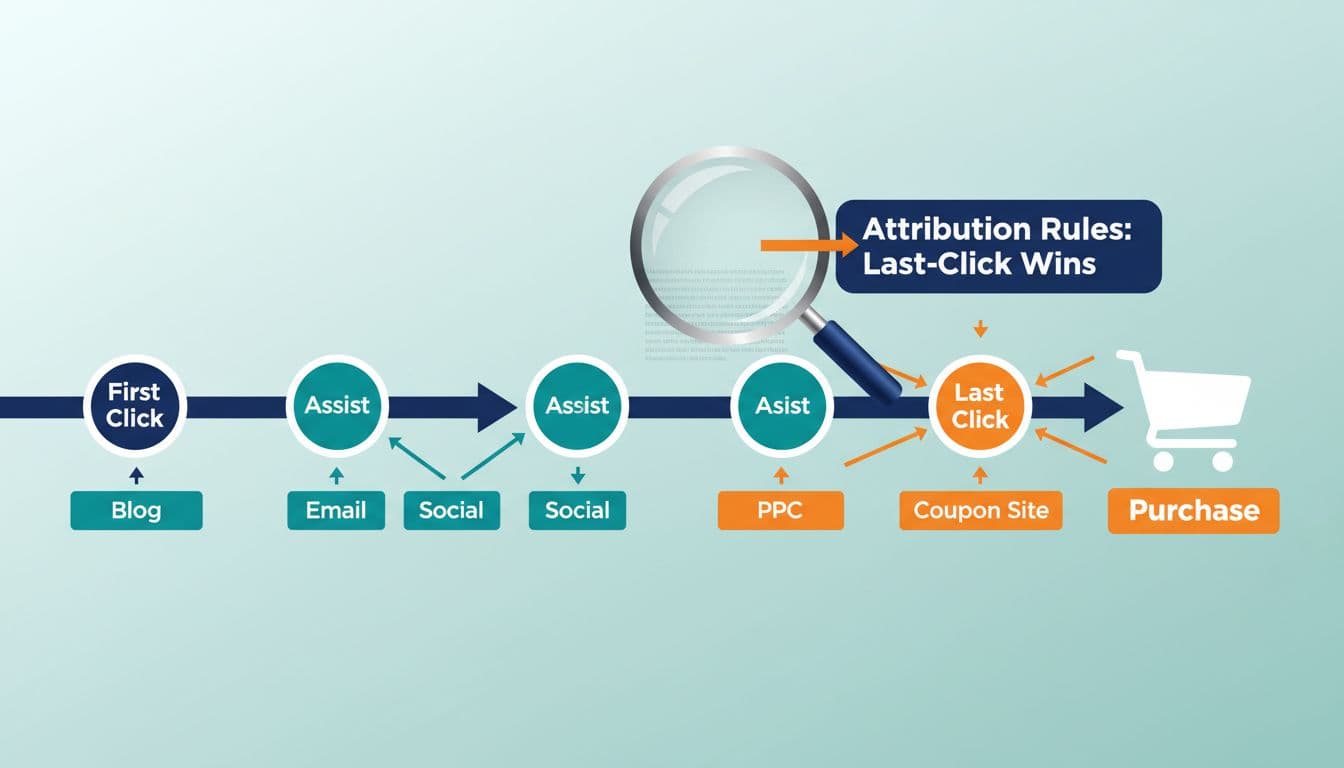Horizontal timeline illustrating the affiliate customer journey from first blog click, assist email/social clicks, to last PPC click purchase, with 'Last-Click Wins' attribution rule under magnifying glass inspection. Clean modern vector style with fintech aesthetic, teal gradient background, high contrast colors.
