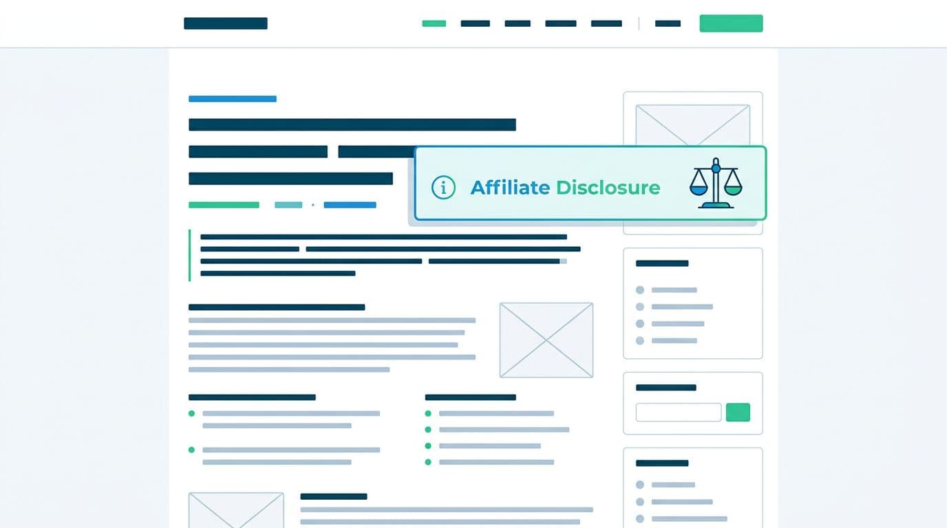 Clean modern flat-vector illustration of a webpage mockup with headline, intro paragraph, and a clearly visible affiliate disclosure callout box near the top, featuring subtle compliance icons on a white background with blue and green accents.