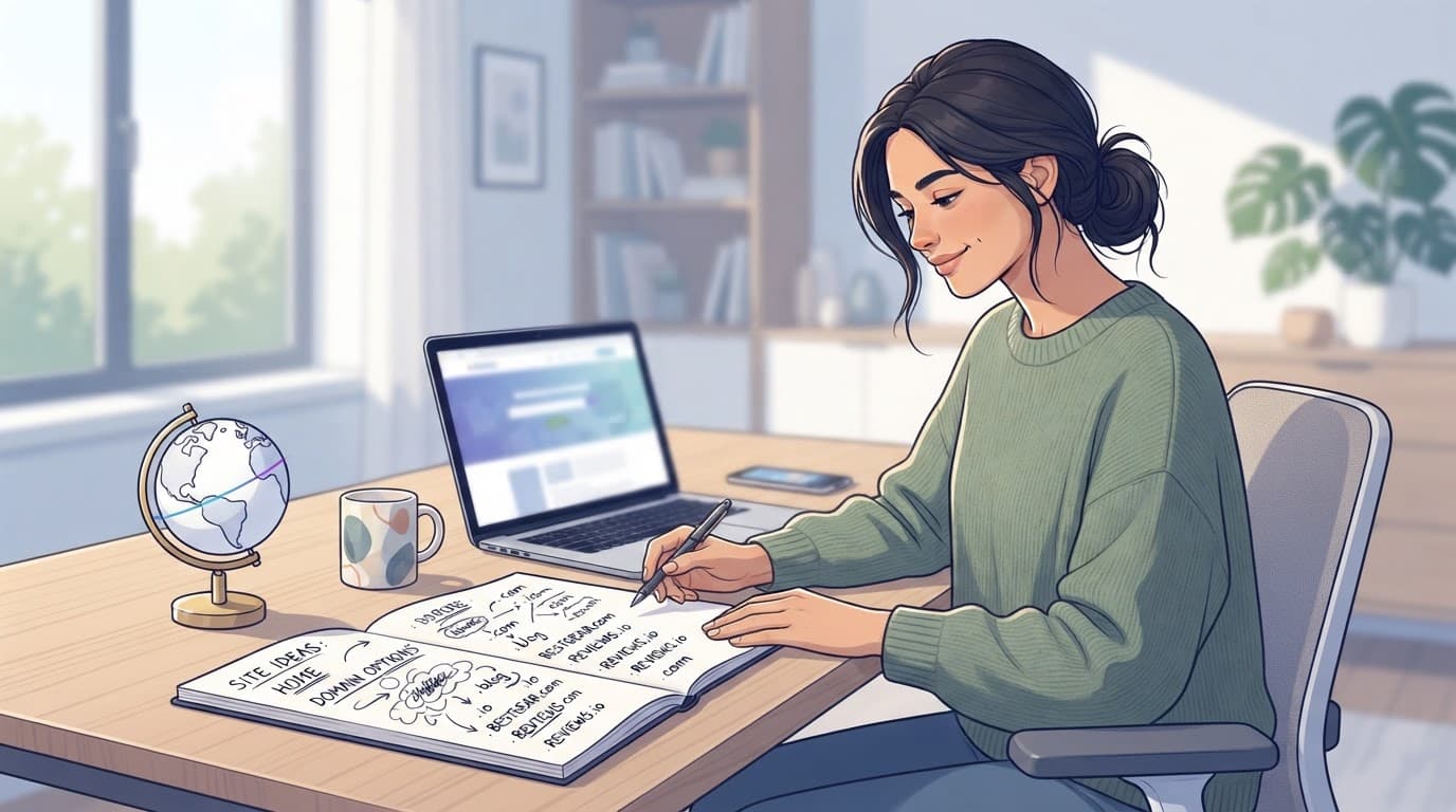 A marketer plans website domain ideas beside a laptop in a bright home office.