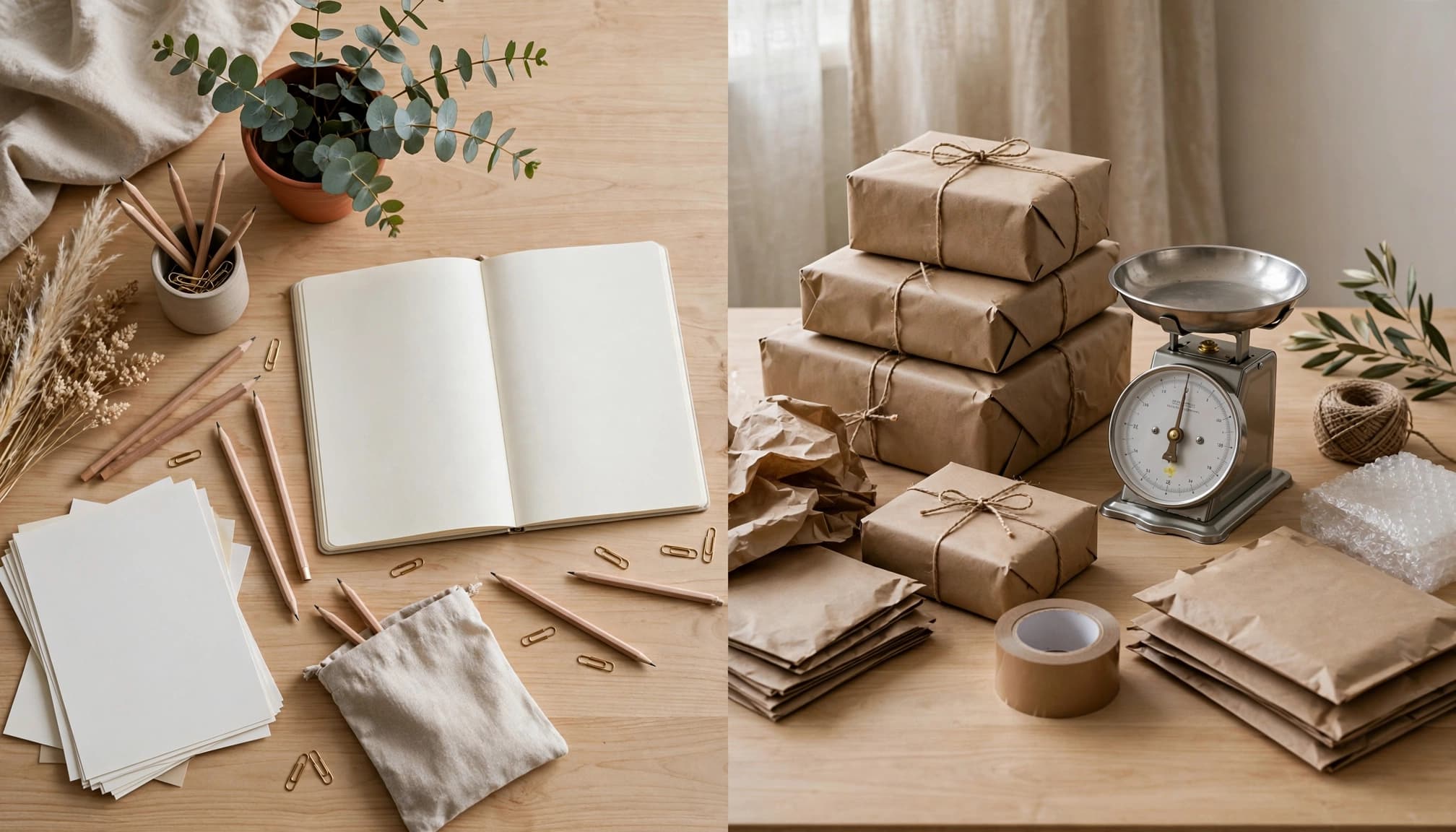 An open notebook and office supplies sit opposite packed parcels and a small shipping scale.