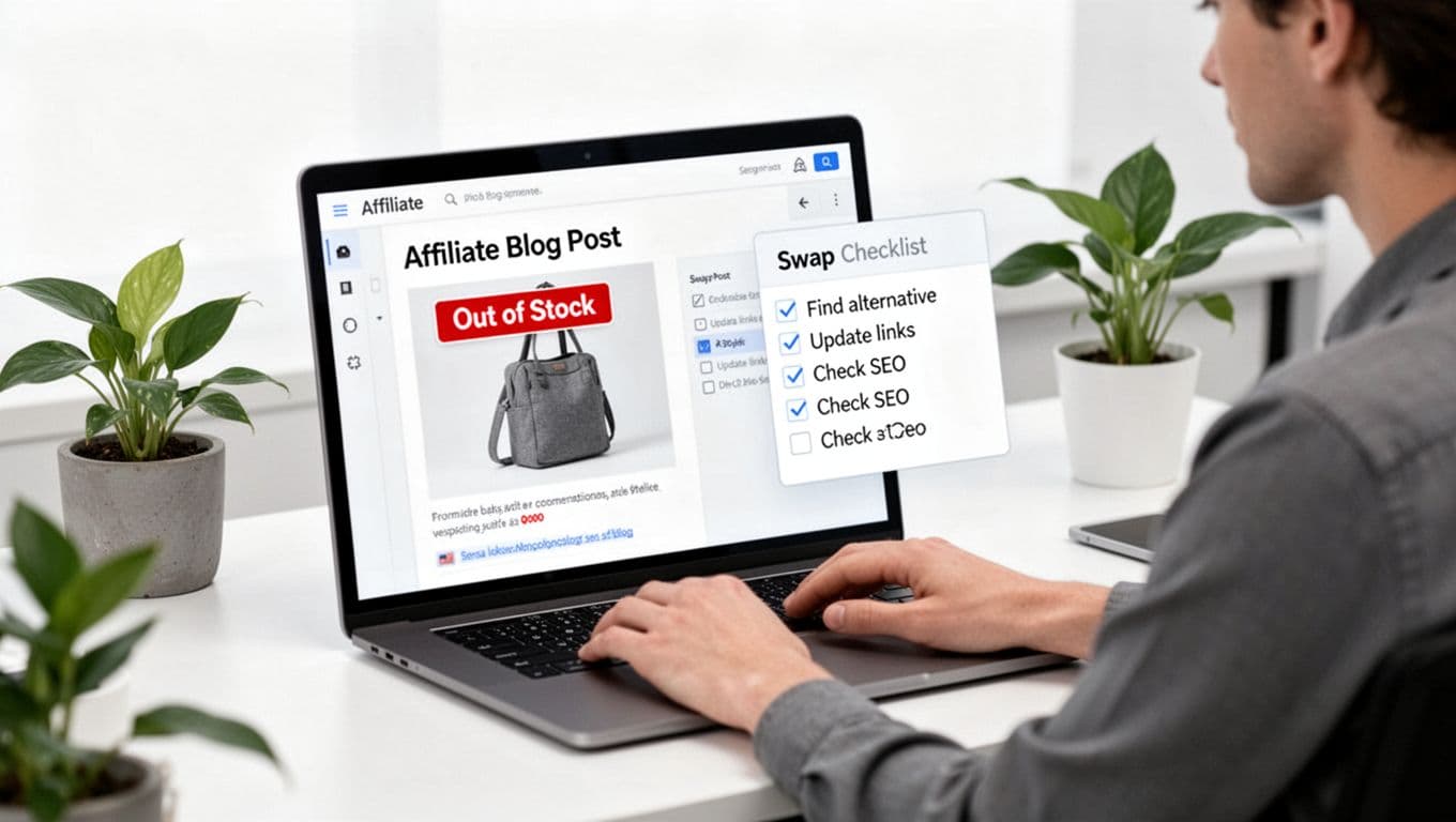 Minimalist vector illustration of a professional editing an affiliate blog post on a laptop, featuring an 'Out of Stock' badge on a product image and an open swap checklist panel. Single person at a desk in a simple office with plants, high contrast flat design on white background.