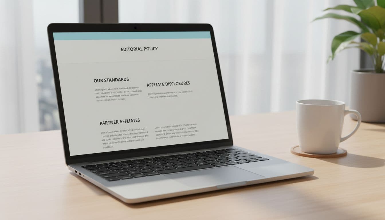 A clean professional webpage showing affiliate editorial policy layout with headings like standards, disclosures, and affiliates displayed on a laptop screen in a modern workspace desk with a nearby coffee mug.