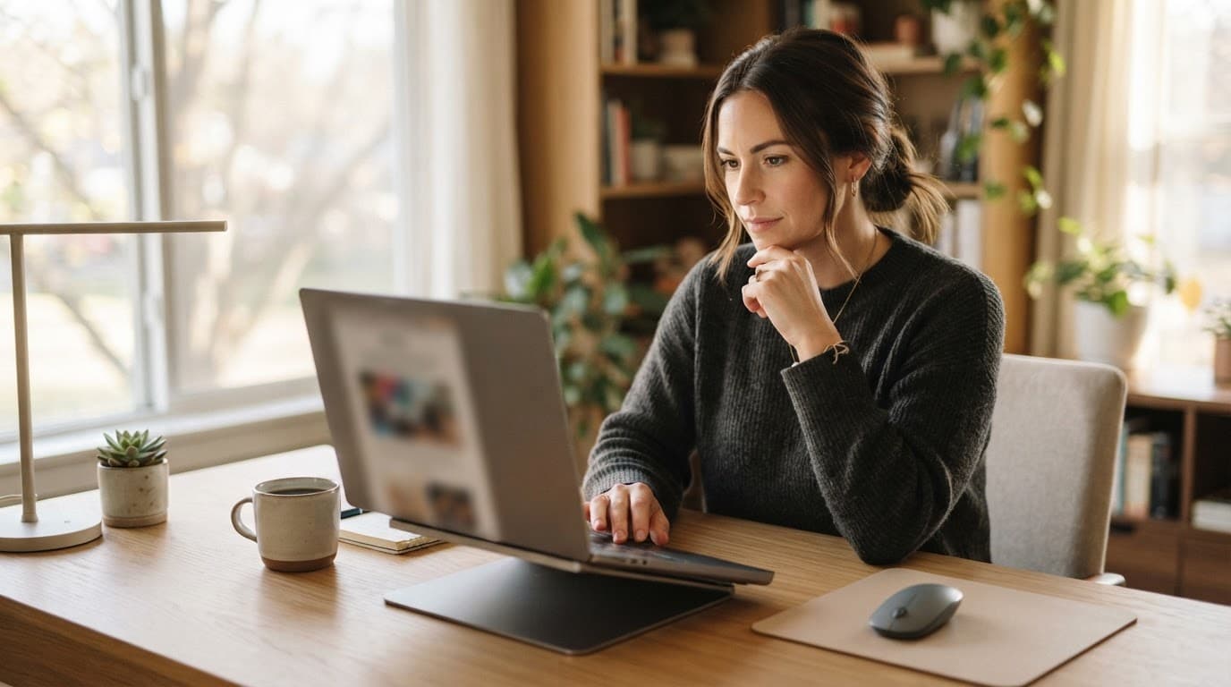 Marketer reviewing an email campaign on a laptop beside a coffee mug.
