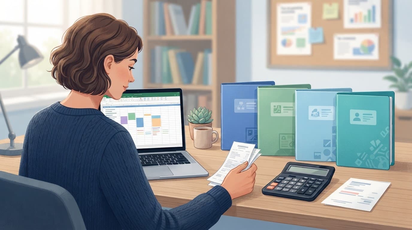 A marketer organizes receipts, folders, and a calculator beside a laptop.