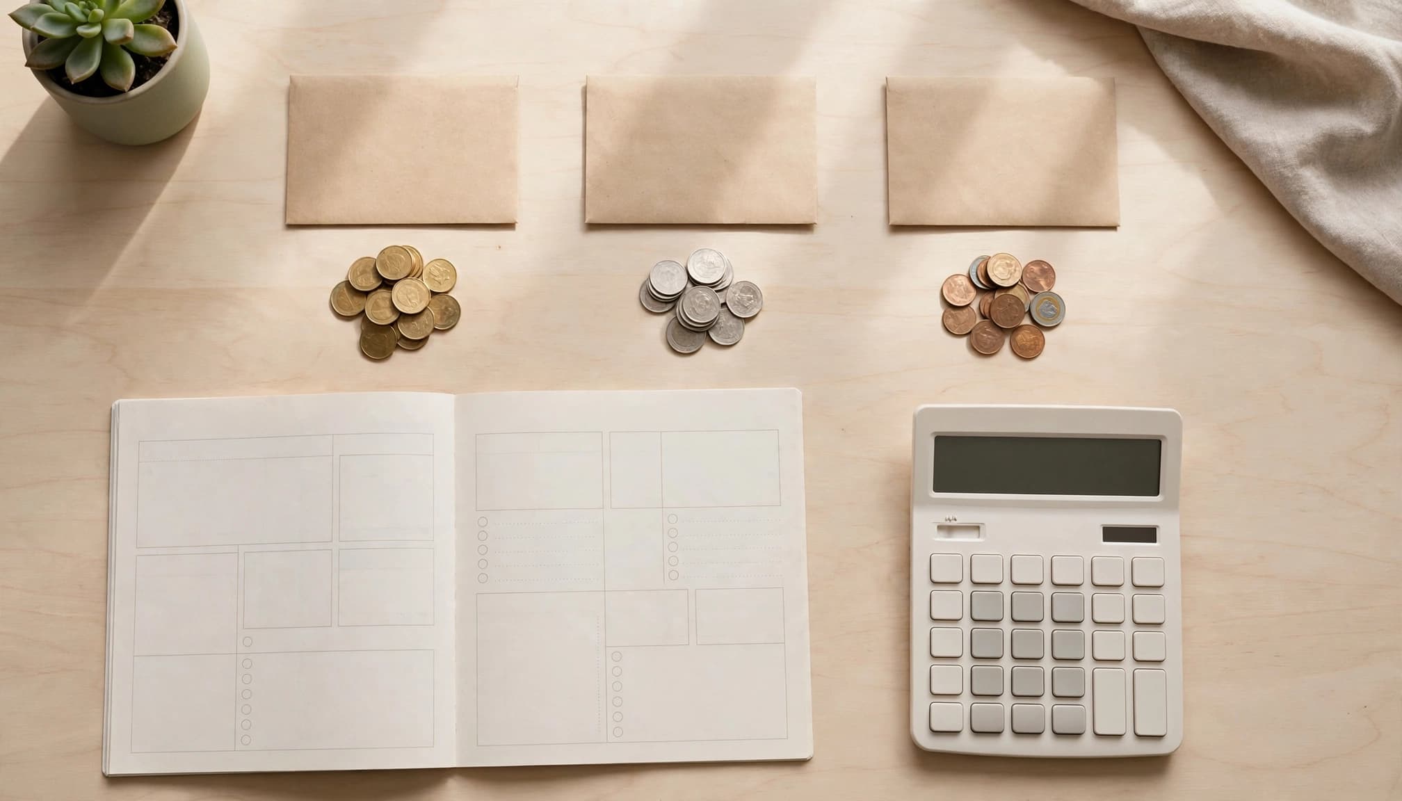 A paper planner, calculator, envelopes, and three coin piles on a bright table.