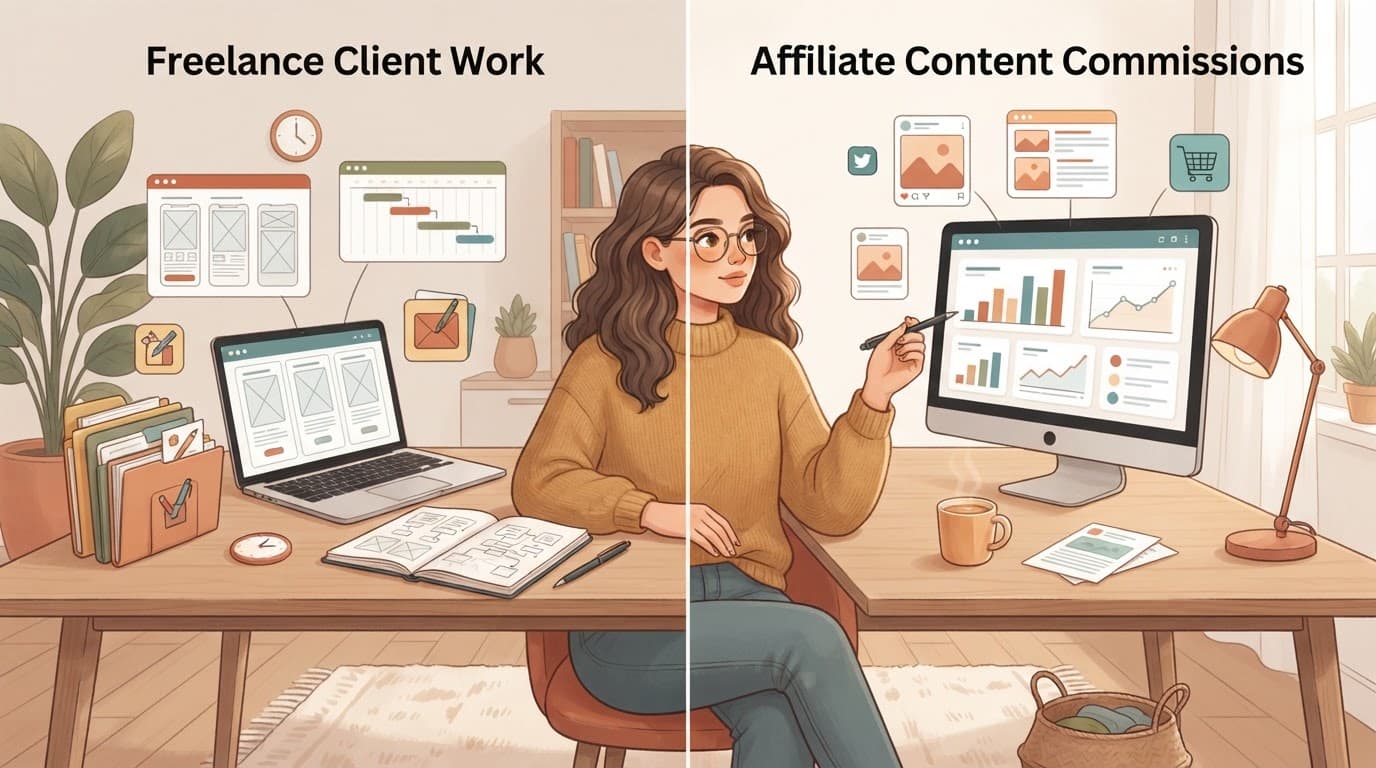 An entrepreneur compares freelancing and affiliate marketing at a home desk.