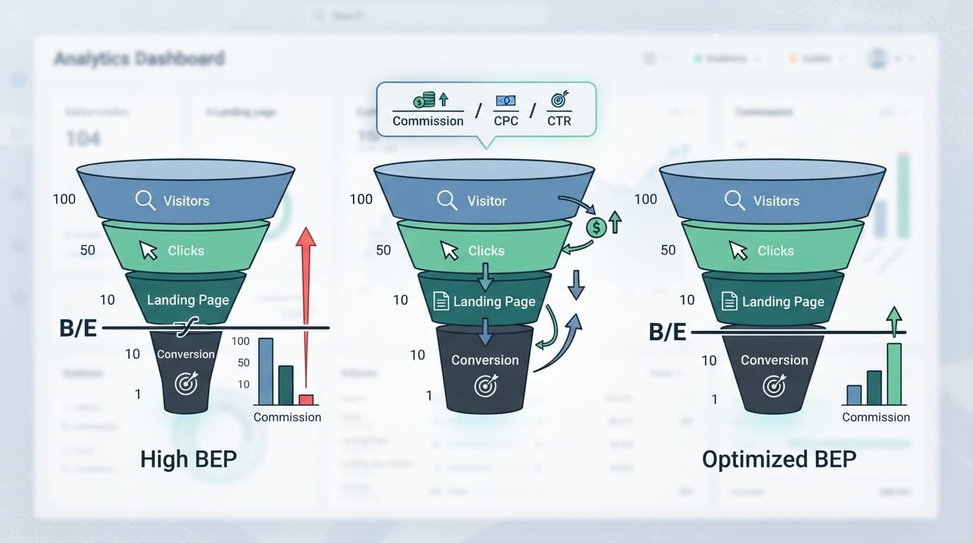 Three funnels compare affiliate conversion rates and show a lower break-even point.