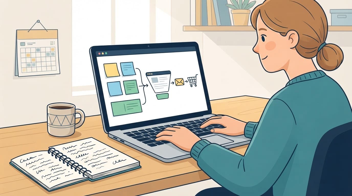 Beginner reviewing an affiliate funnel on a laptop at a home office desk.