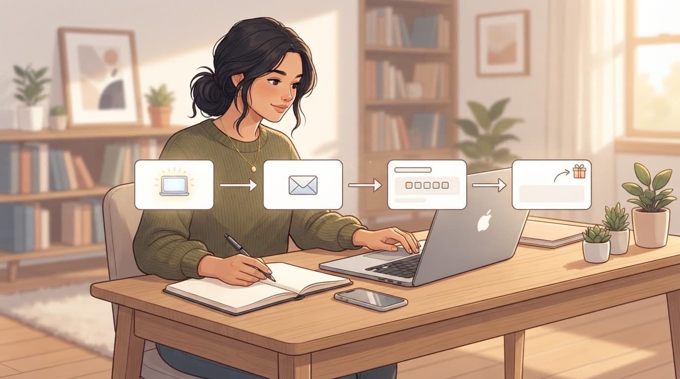A person uses a laptop beside a smartphone and blank funnel cards at a home office desk.