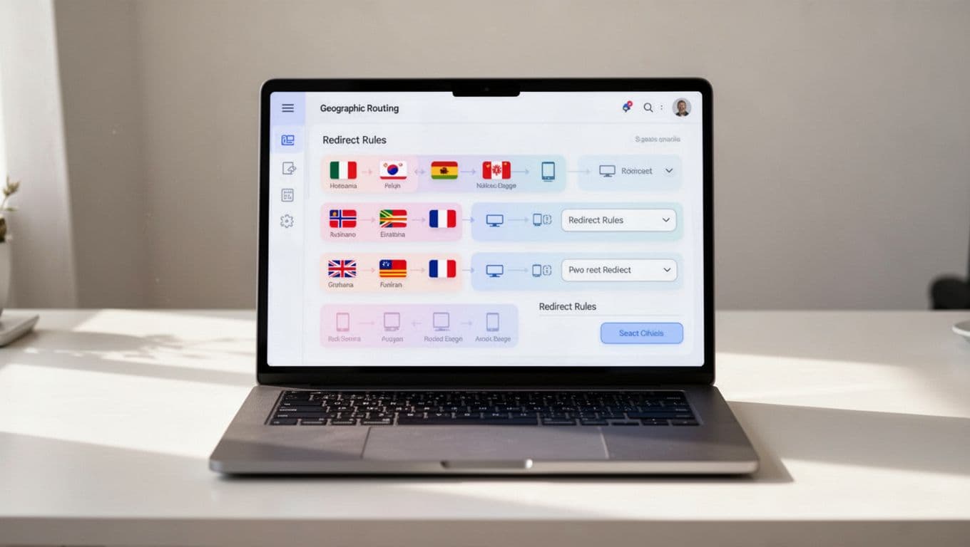 Clean dashboard screenshot mockup displaying affiliate geo routing setup interface with country flags, device icons, and redirect rules dropdowns on a modern laptop screen centered on a desk in soft lighting.