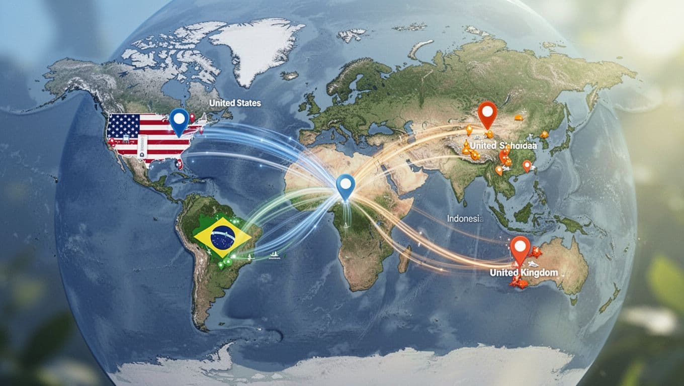Detailed world map highlighting affiliate geo routing for international traffic, with arrows from country flags like USA, Brazil, Indonesia, and UK pointing to colored landing page icons in a clean modern infographic style.