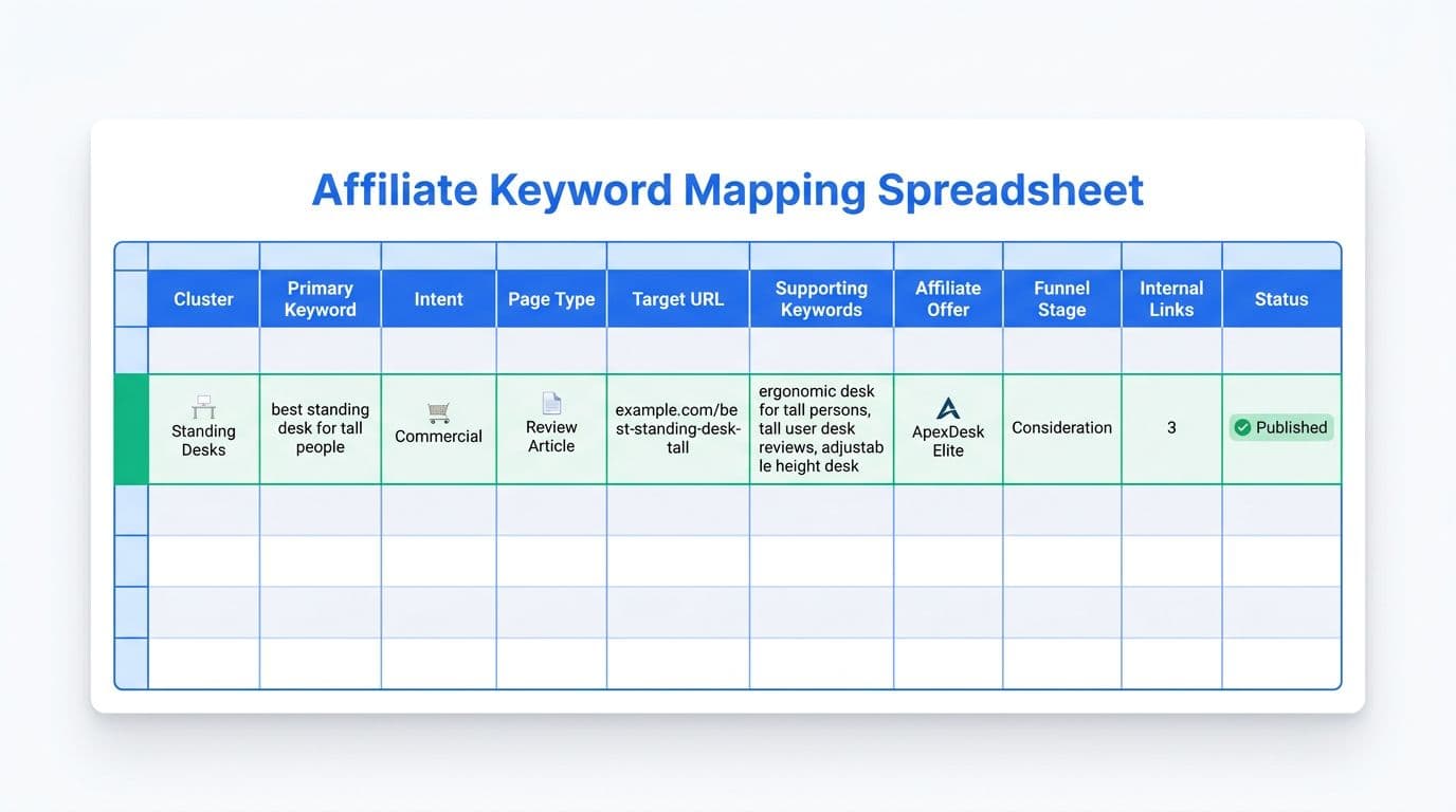 Clean, modern 16:9 flat design illustration with subtle 3D depth on white background, featuring a Google Sheets-like spreadsheet mockup titled 'Affiliate Keyword Mapping Spreadsheet' with columns for Cluster, Primary Keyword, Intent, Page Type, Target URL, Supporting Keywords, Affiliate Offer, Funnel Stage, Internal Links, and Status, including one highlighted example row for 'best standing desk for tall people'.