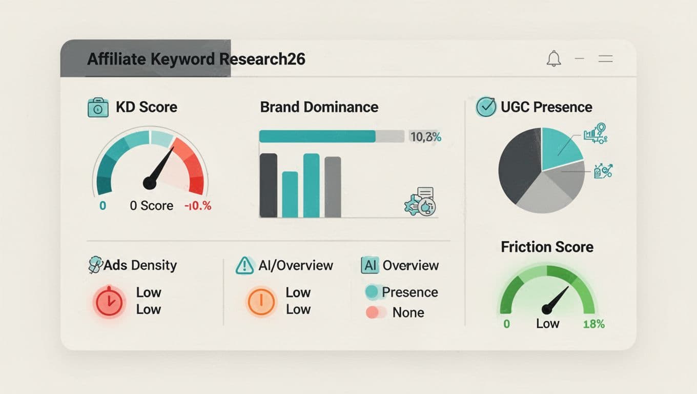 Modern minimalist 16:9 landscape illustration in charcoal, teal, and off-white depicting a dashboard with SEO metrics: KD score gauge, Brand Dominance bar, UGC Presence pie, low Ads Density, no AI/Overview, and low Friction Score gauge.