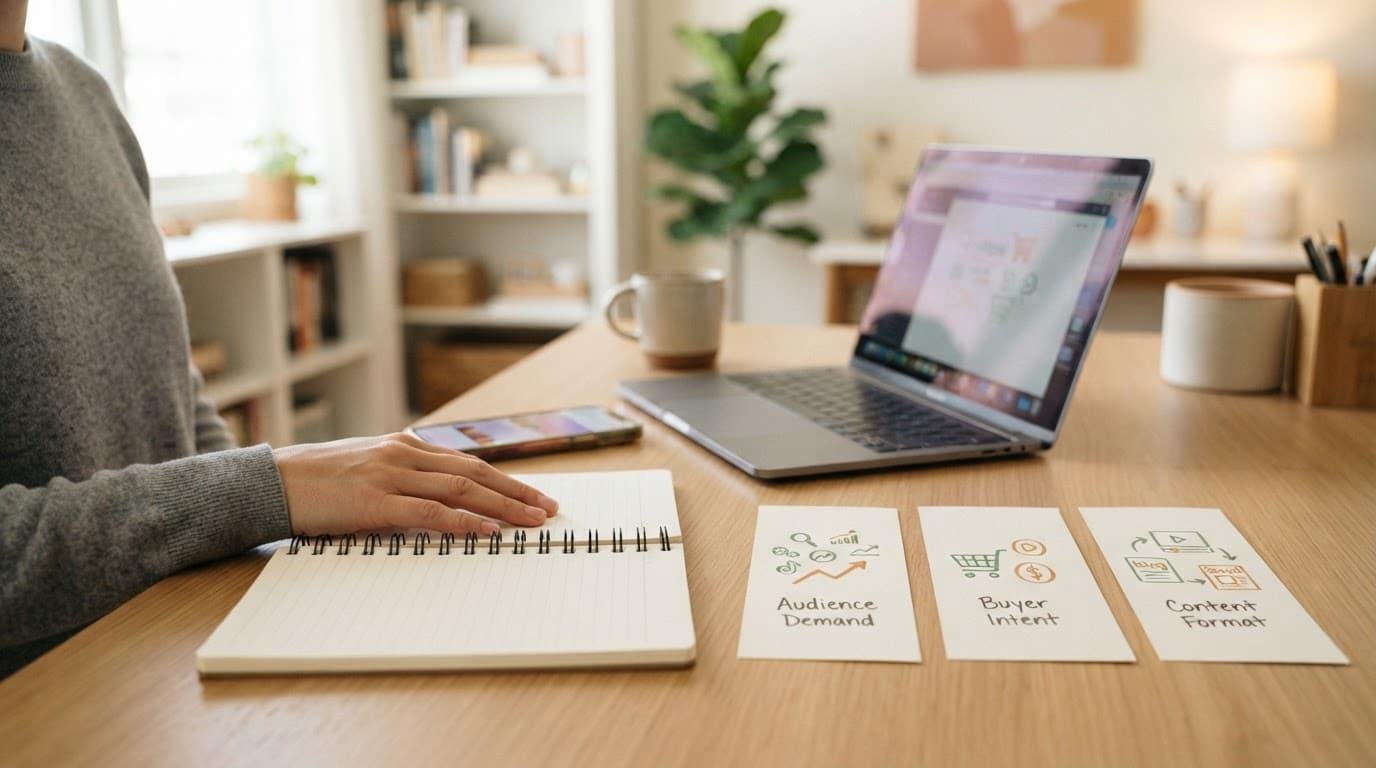 Laptop, phone, notebook, and colored cards show a keyword research workflow on a bright desk.