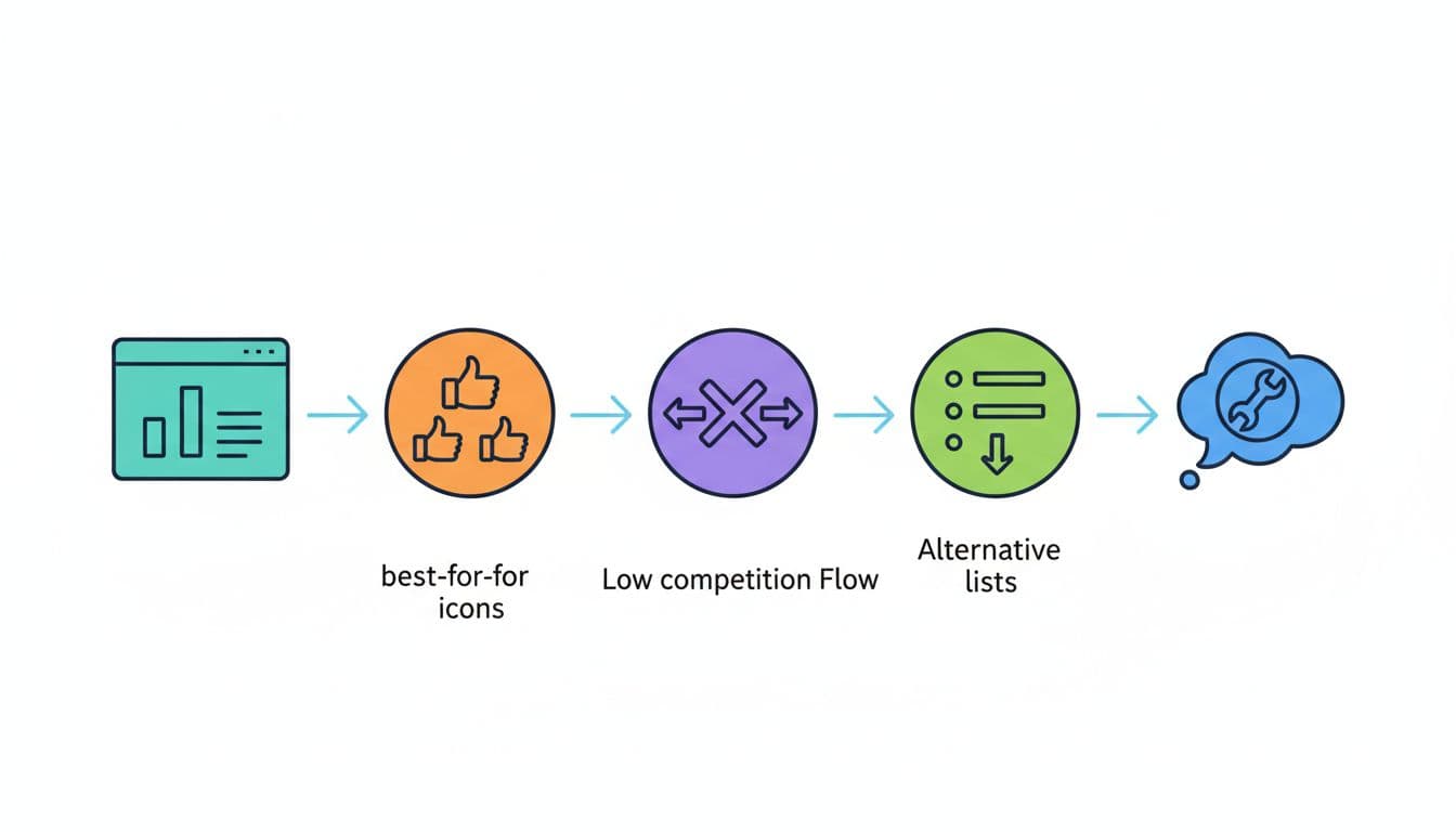 Icons of comparison charts, best-for symbols, versus signs, alternative lists, and problem-solving queries connected by arrows on white background.