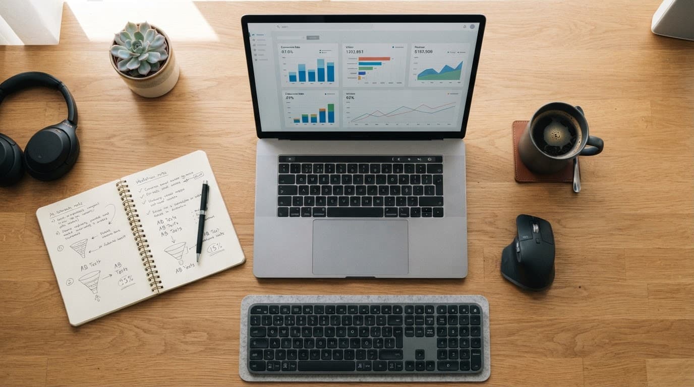 Laptop with analytics charts, notebook, and coffee on a modern desk.