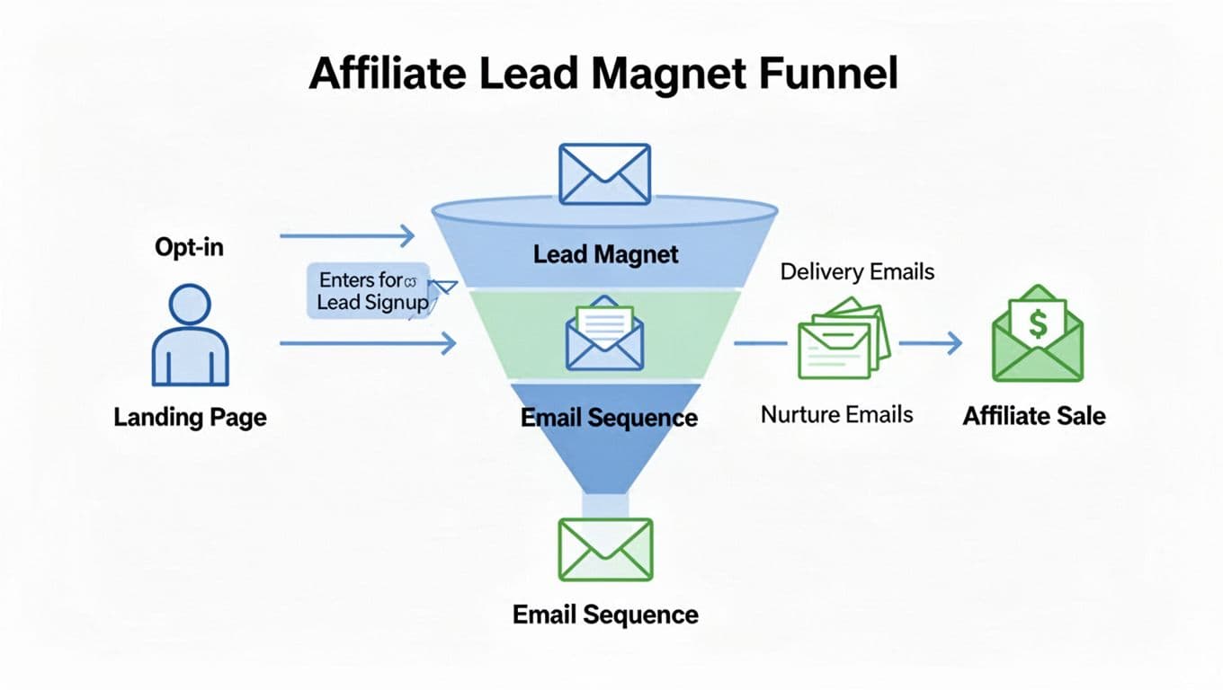 A minimalist professional infographic diagram illustrating the affiliate lead magnet funnel flow: visitor to opt-in page, email signup for lead magnet, delivery via email, nurture sequence, and affiliate sale click. Features clean icons in blue and green on white background with short labels.