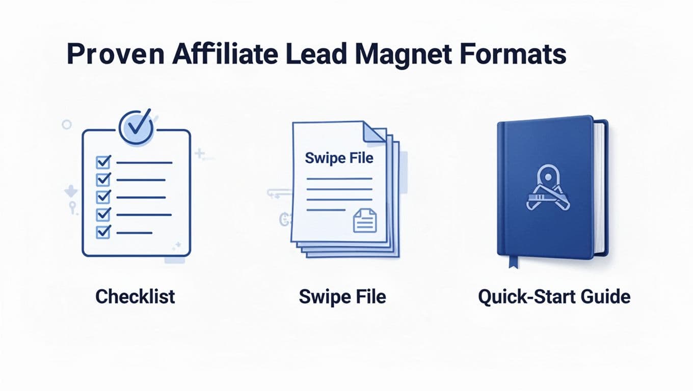 Minimalist landscape infographic featuring three side-by-side icons for affiliate lead magnets: checklist, swipe file, and quick-start guide on a white background with blue tones and labels.