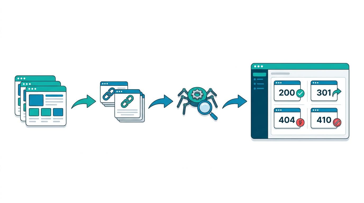 Flow diagram showing website pages leading to affiliate links, crawled by a tool, and reported in a dashboard with status codes 200, 301, 404, and 410 in a clean modern flat vector style.