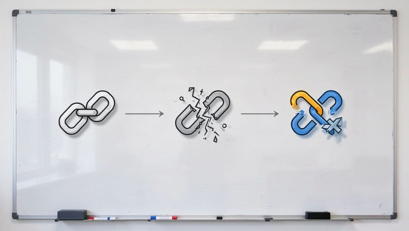 Simple flowchart diagram on a whiteboard background illustrating affiliate link redirect path from click to sale, with icons for chain, broken hop, and fix in minimalistic line art style.
