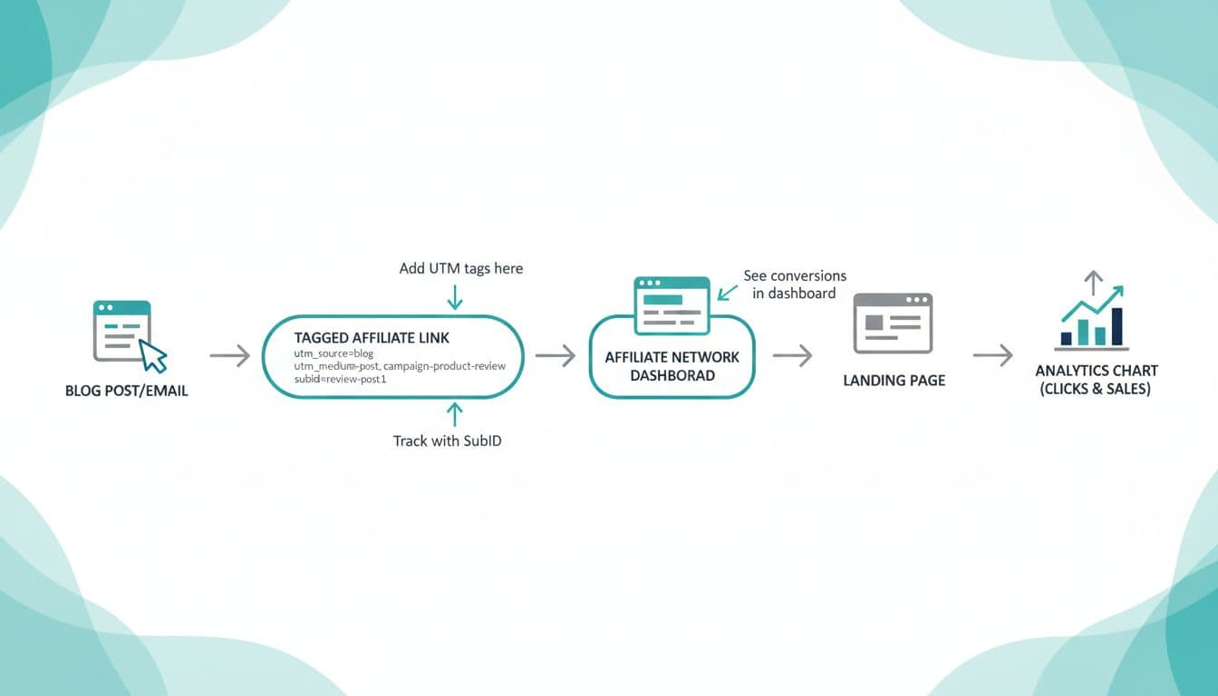 A clean, modern flat-vector infographic in landscape ratio explaining affiliate link tracking for beginners via a simple flowchart from blog/email to analytics dashboard, highlighting UTM parameters and SubIDs.