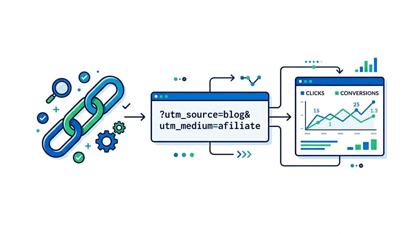 Clean modern flat-vector illustration showing chain-link icons, UTM tag code snippet (?utm_source=blog&utm_medium=affiliate), and dashboard mini chart for clicks and conversions.