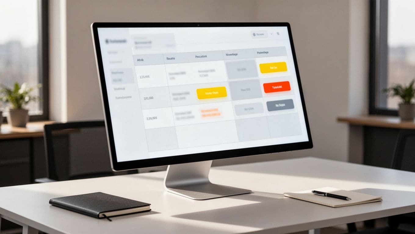 A realistic computer screen in a modern workspace displays a comparison table of product reviews with affiliate links highlighted in buttons, accompanied by a notebook and pen under soft office lighting.