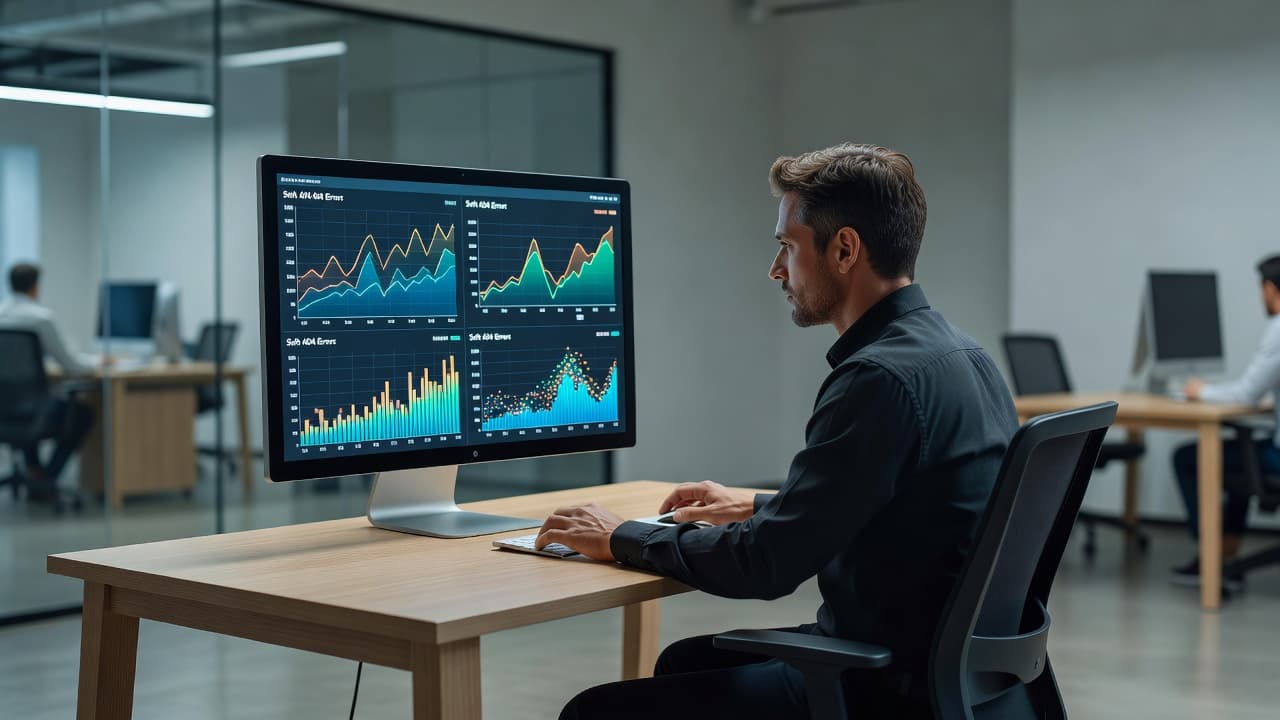 An affiliate marketer reviewing website analytics graphs on a computer monitor at a clean desk.