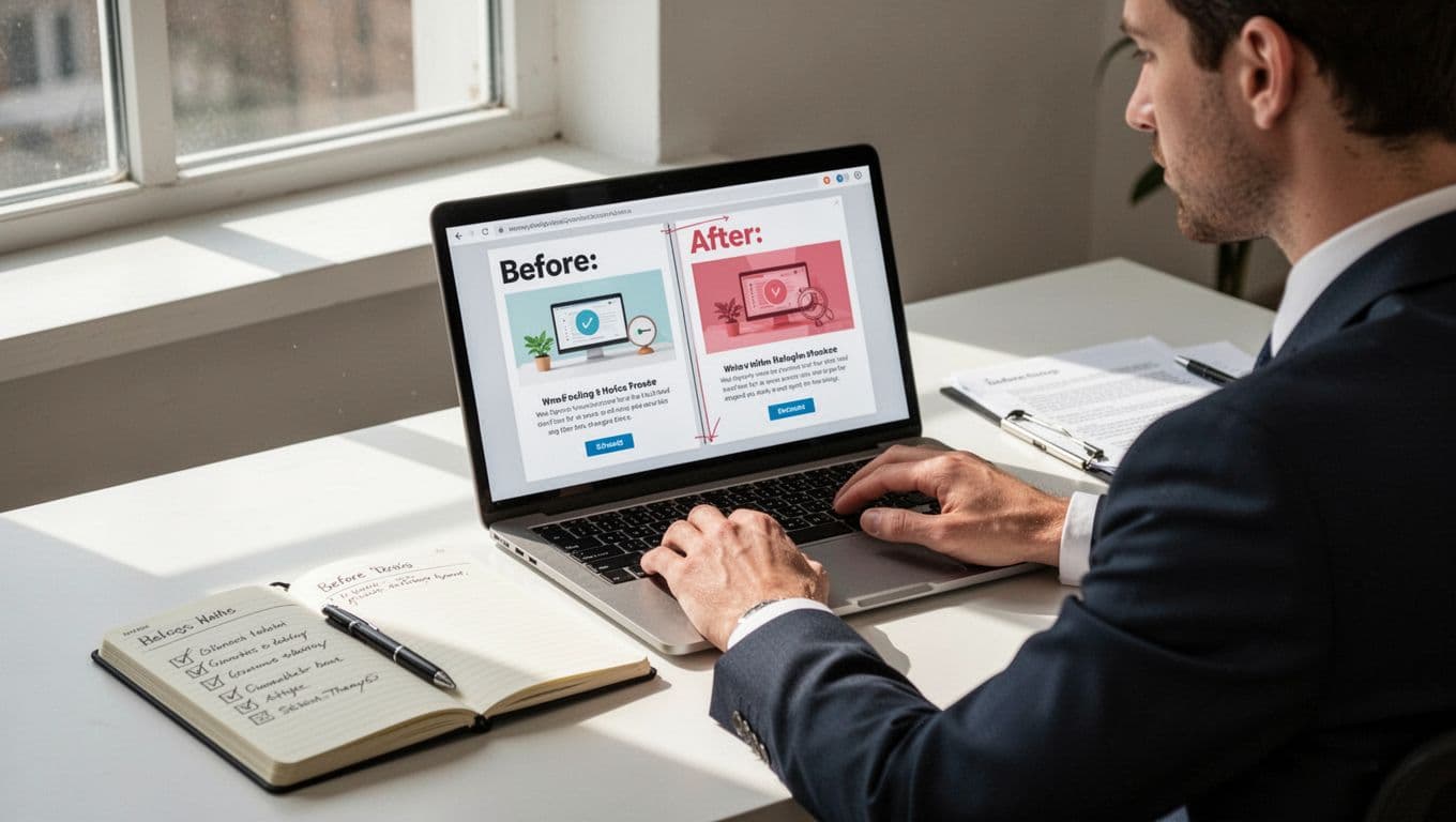 A focused affiliate marketer sits at a clean desk, auditing old blog posts on a laptop screen displaying before-and-after content comparisons, with a notebook containing a checklist nearby, illuminated by natural daylight.