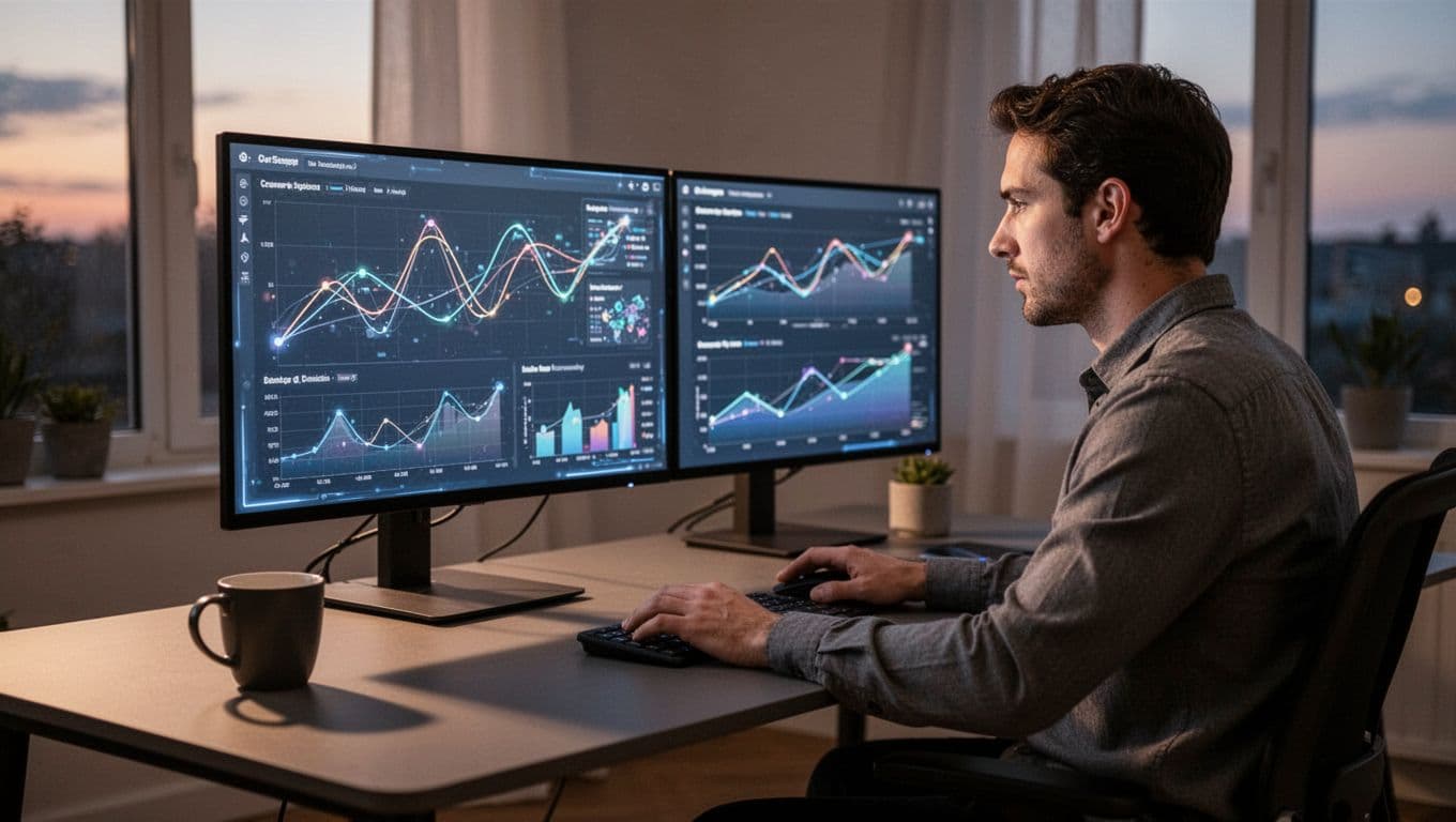 An affiliate marketer reviews analytics dashboard on dual monitors in a modern home office, showing traffic drop graphs, conversion metrics, and SERP screenshots, with soft evening light and a coffee mug nearby.