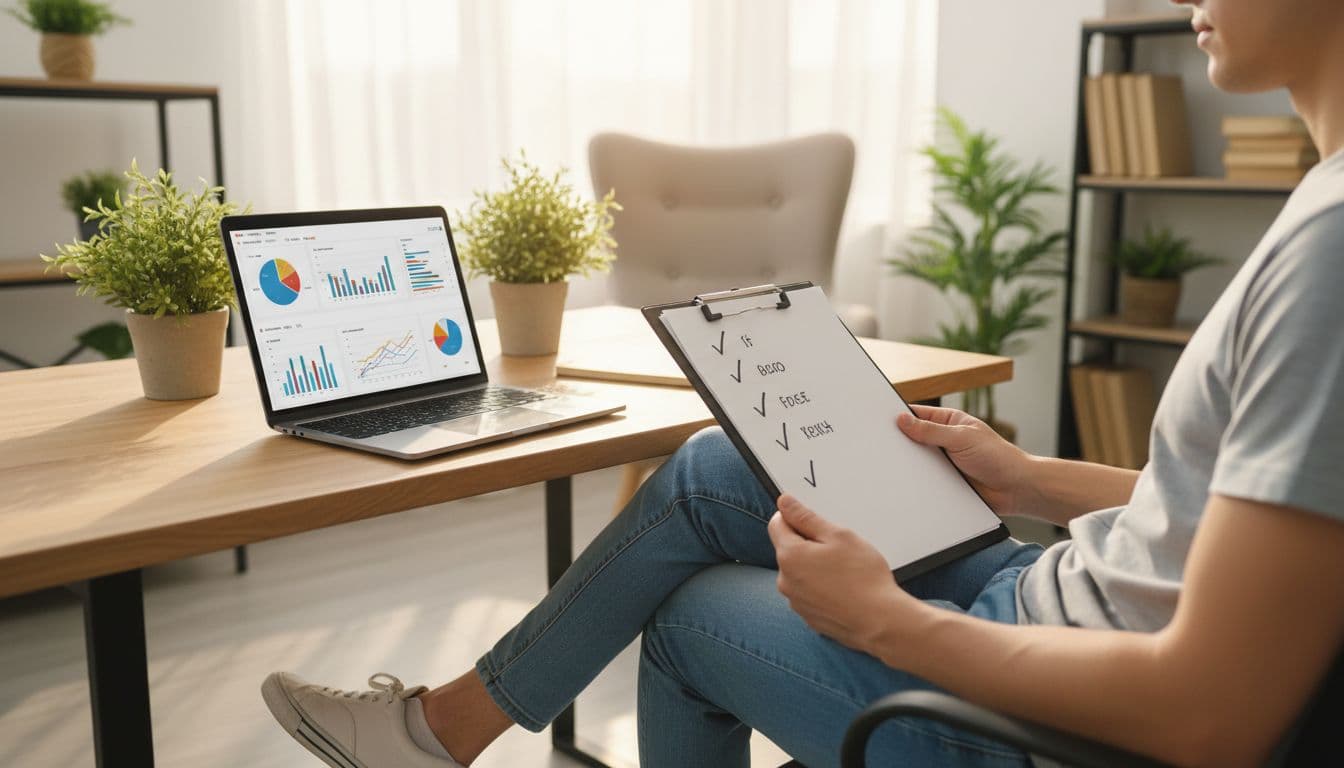 Casual-dressed affiliate marketer holds half-marked checklist clipboard at desk with open laptop in modern home office with plants.