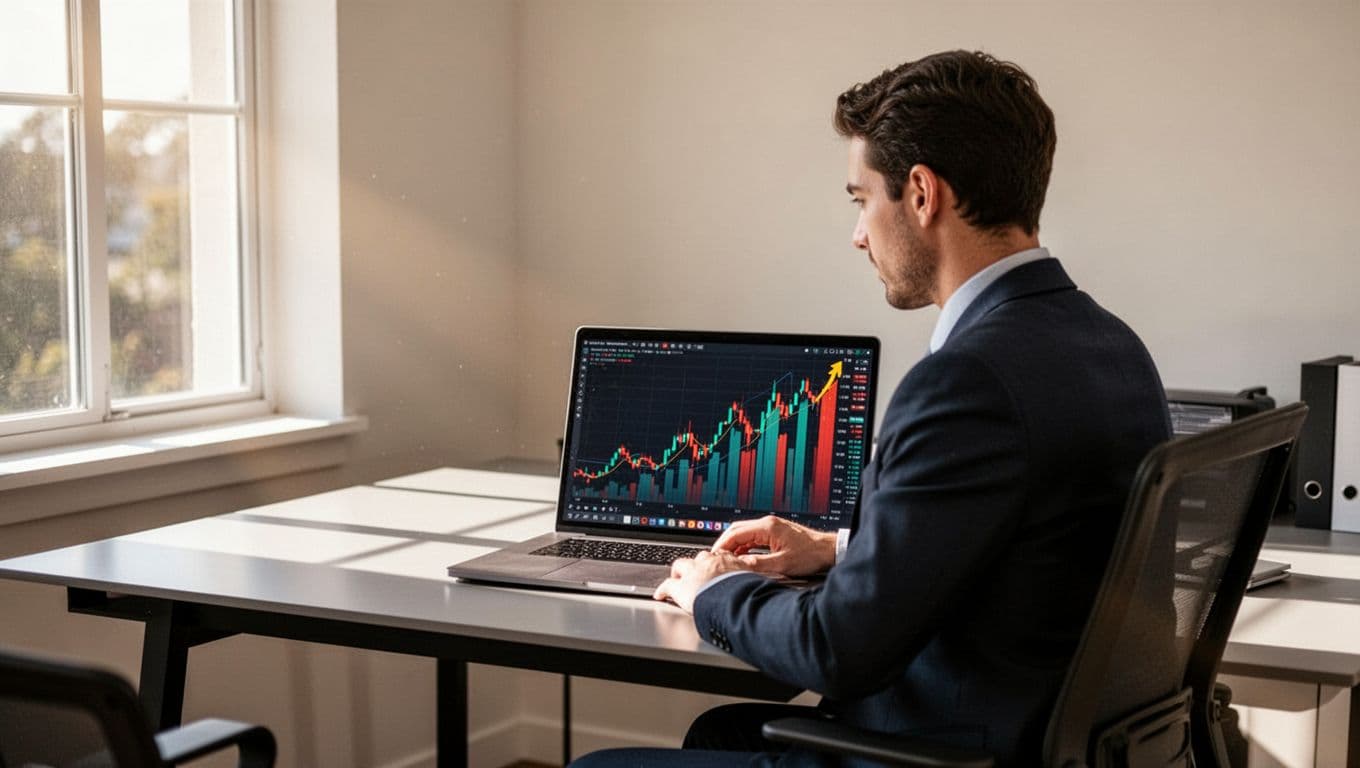 An affiliate marketer at a desk in a modern home office intently studies EPC charts on a laptop screen, illustrating higher earnings from deep links compared to generic links, under natural daylight in a realistic style.