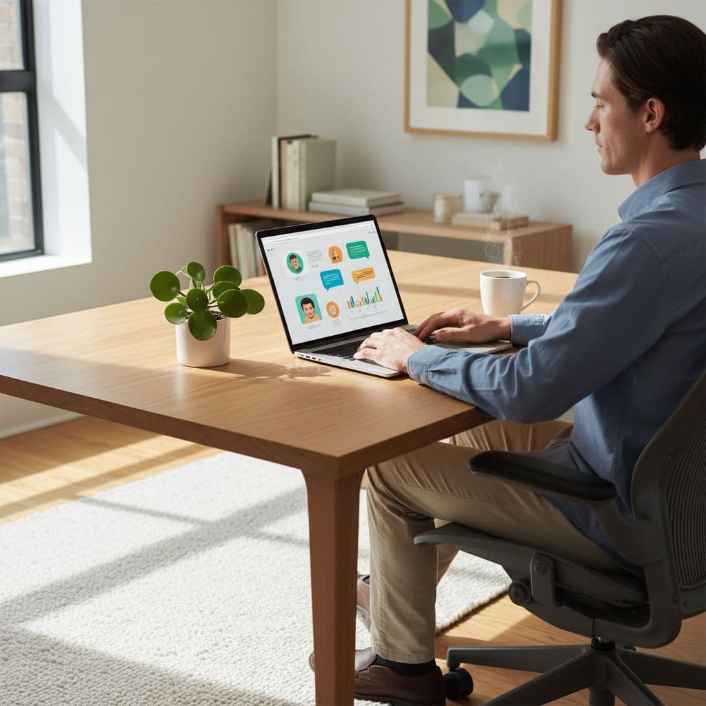 A person works on a laptop at a tidy wooden desk with coffee and a small plant.