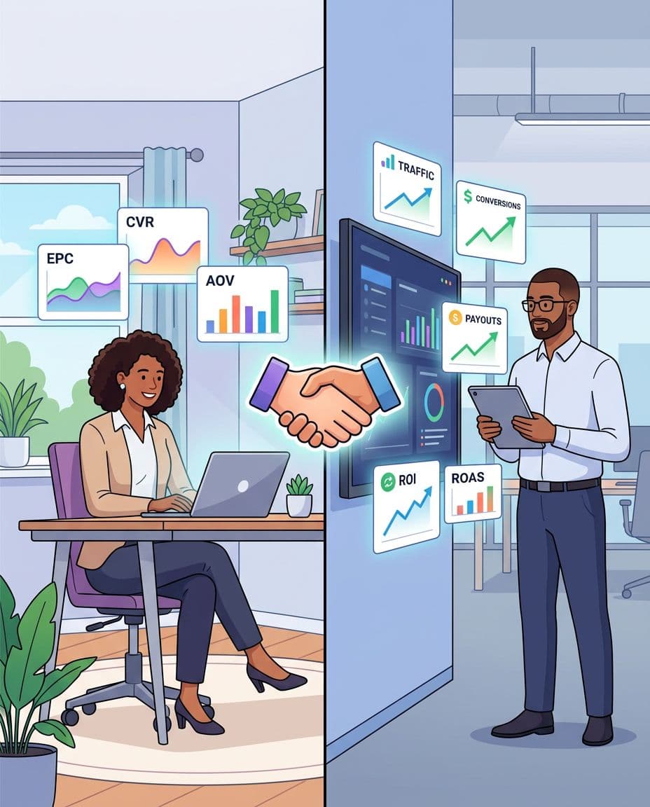 Split-screen illustration showing an affiliate marketer with EPC, CVR, and AOV charts on the left side, and an affiliate manager with a handshake icon and floating metrics cards on the right. Features clean modern flat-vector style, subtle gradients, minimal linework, and diverse characters in office or home-office settings.