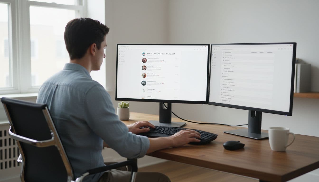 Focused affiliate marketer at modern desk with dual monitors showing Reddit threads and keyword notes in minimalist office.