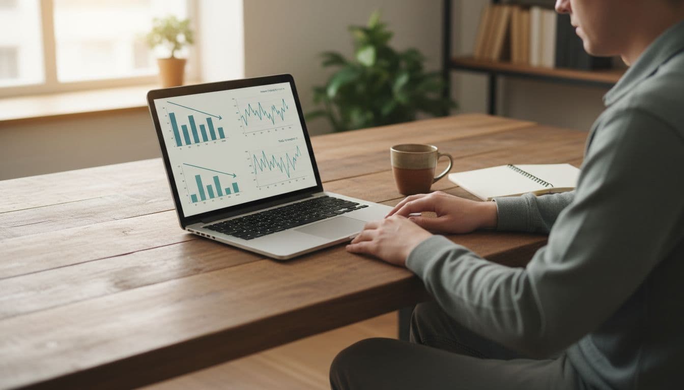 Affiliate marketer at home office desk views laptop charts showing revenue decline and traffic graphs.