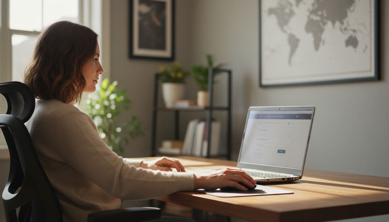 Relaxed affiliate marketer at home office desk views simple contact form on laptop screen.