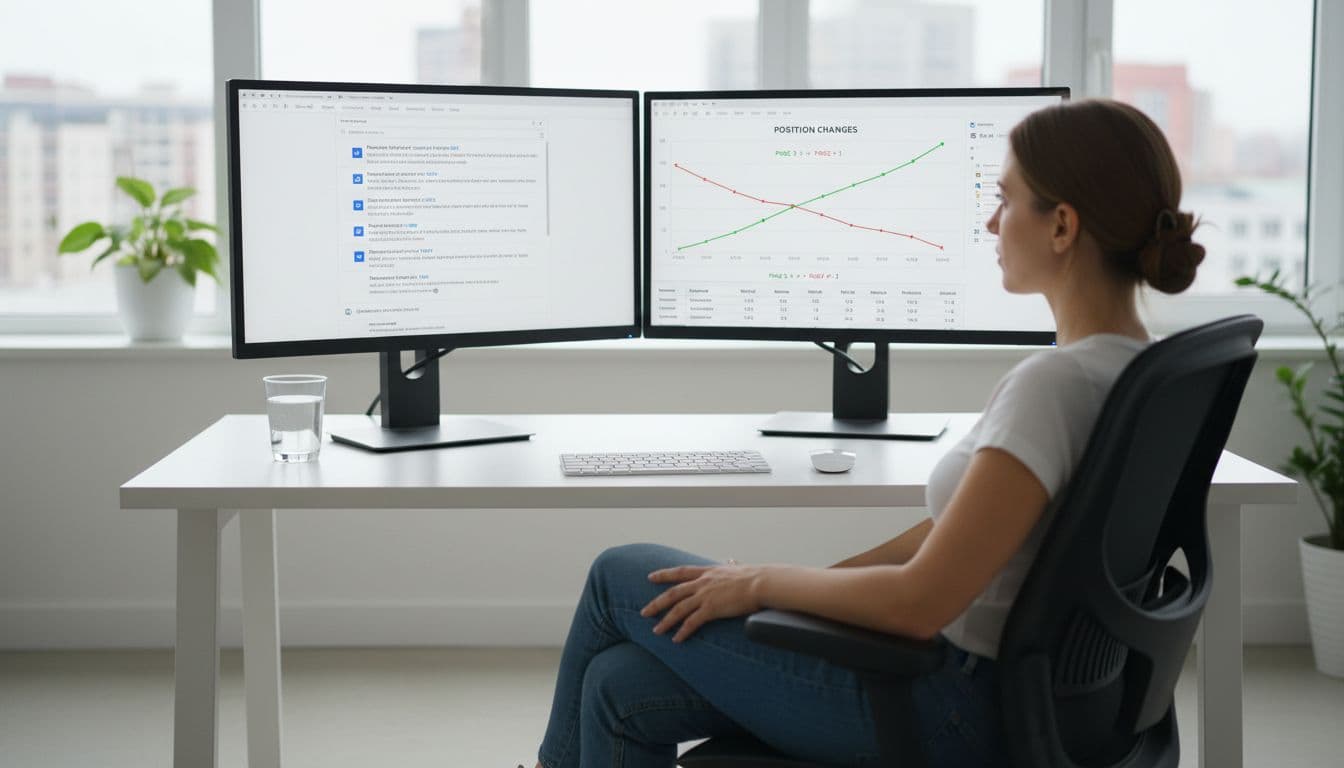 An affiliate marketer reviews SERP results on dual monitors in a bright office, with graphs showing ranking improvements from page 2 to page 1 on a simple desk setup.