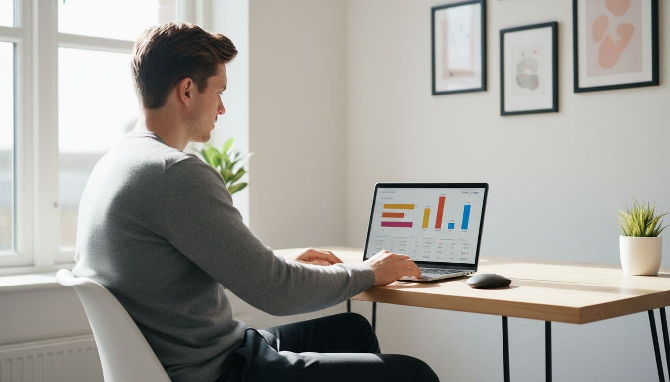 Affiliate marketer sitting relaxed at a modern home office desk, viewing a laptop screen displaying blurred charts of revenue data broken down by blog posts via SubID tracking, natural daylight from window, clean professional style.