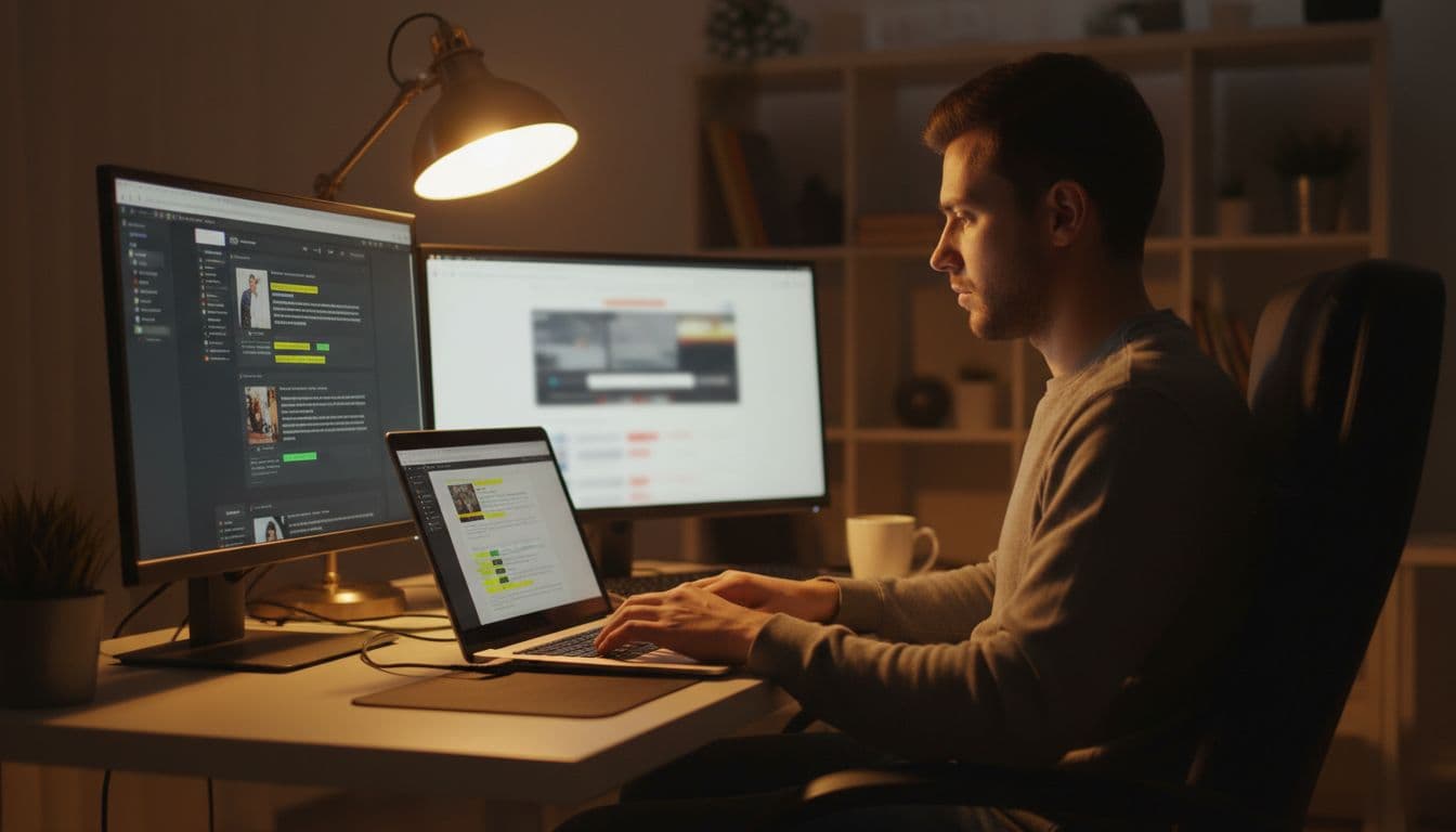 Focused affiliate marketer types on laptop in evening-lit home office, dual screens show blurred website editor with changing link highlights.