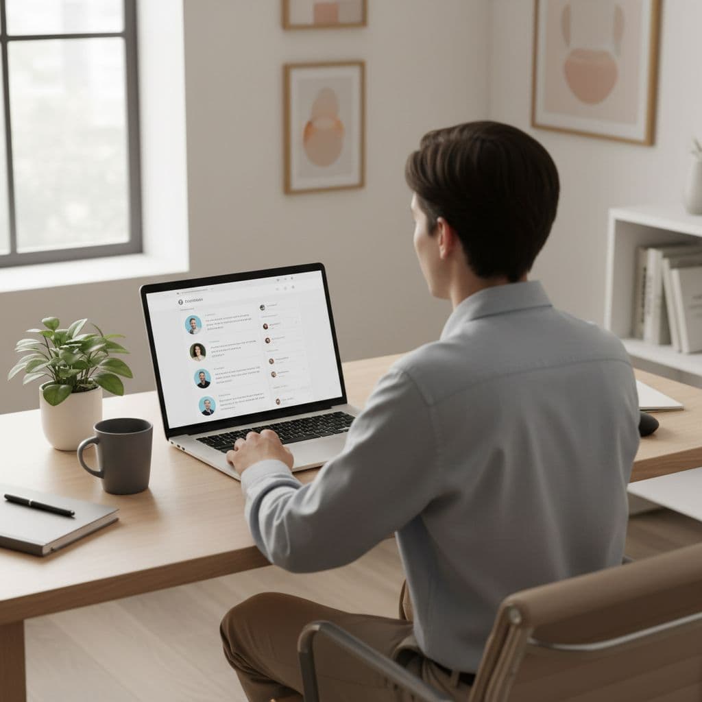 A person sits at a clean wooden desk working on a laptop in a bright office.