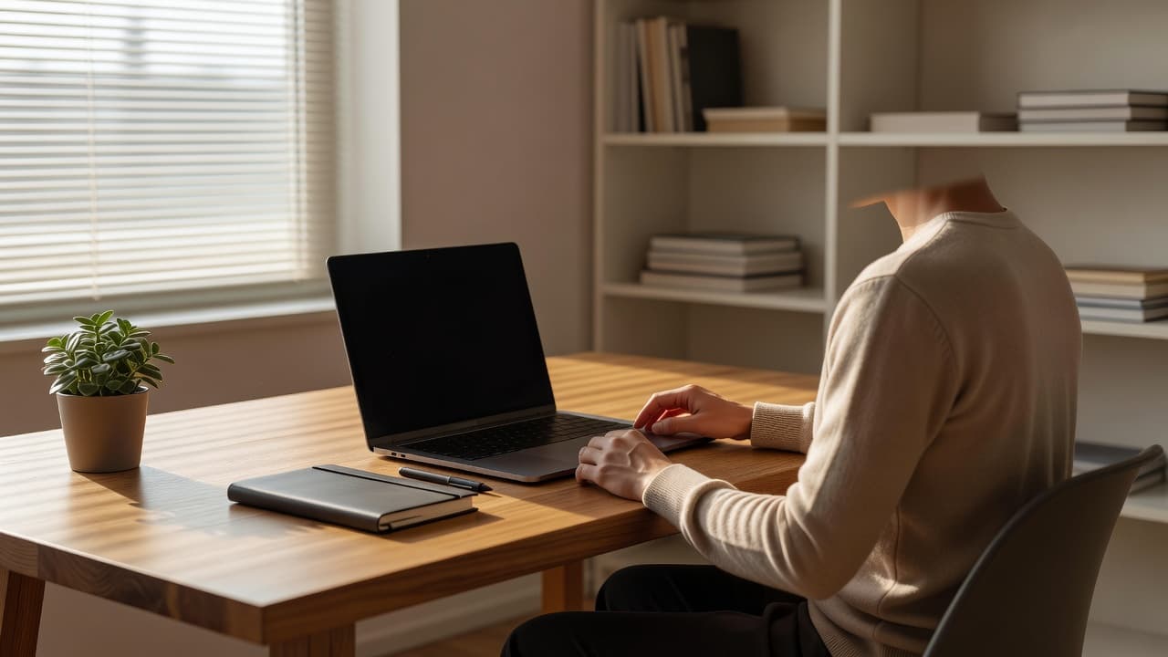 A focused professional sits at a clean wooden desk, using a laptop in a brightly lit room. Warm sunlight highlights an organized workspace designed for efficient and compliant digital marketing tasks.