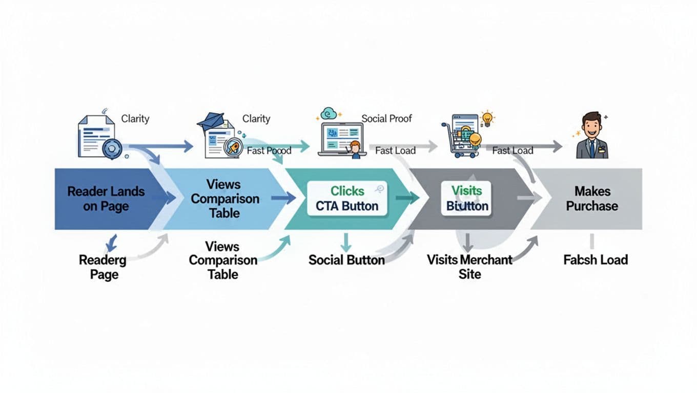 Flat vector illustration of a simple conversion funnel for affiliate marketing, with stages from 'Reader Lands on Page' to 'Makes Purchase', icons, and notes like Clarity, Social Proof, Fast Load in neutral blues, teals, grays.