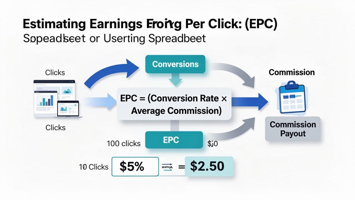 Clean modern infographic illustrating Earnings Per Click (EPC) calculation for affiliate marketing, featuring the formula EPC = (Conversion Rate × Average Commission) with a simple example of 100 clicks at 5% conversion yielding $2.50 EPC.