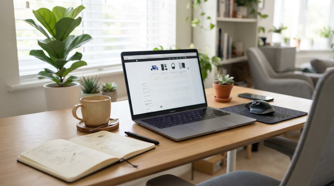 Laptop, notebook, and coffee on a bright home office desk.
