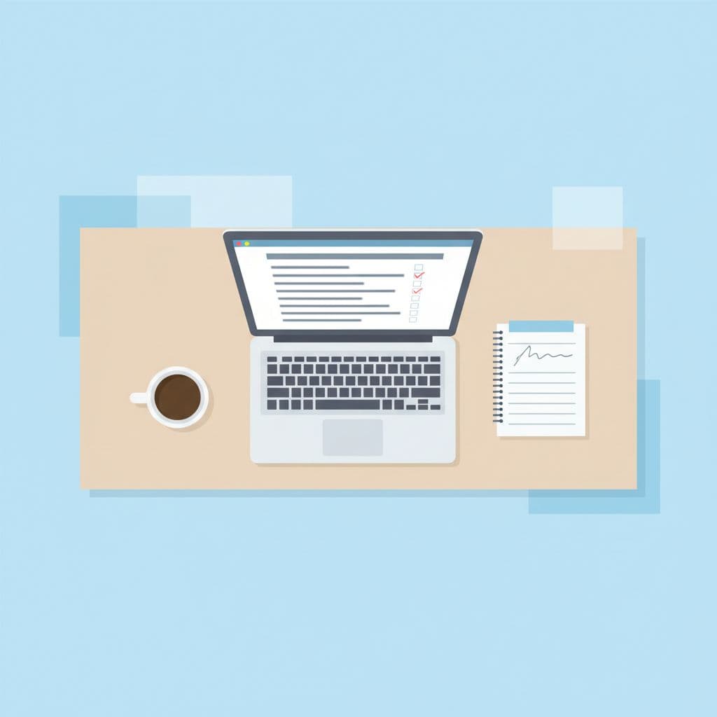 A flat-design illustration shows a neat workspace featuring a laptop, open notebook, and steaming coffee mug. The laptop screen displays a vertical checklist with blurred entries representing keyword search results.