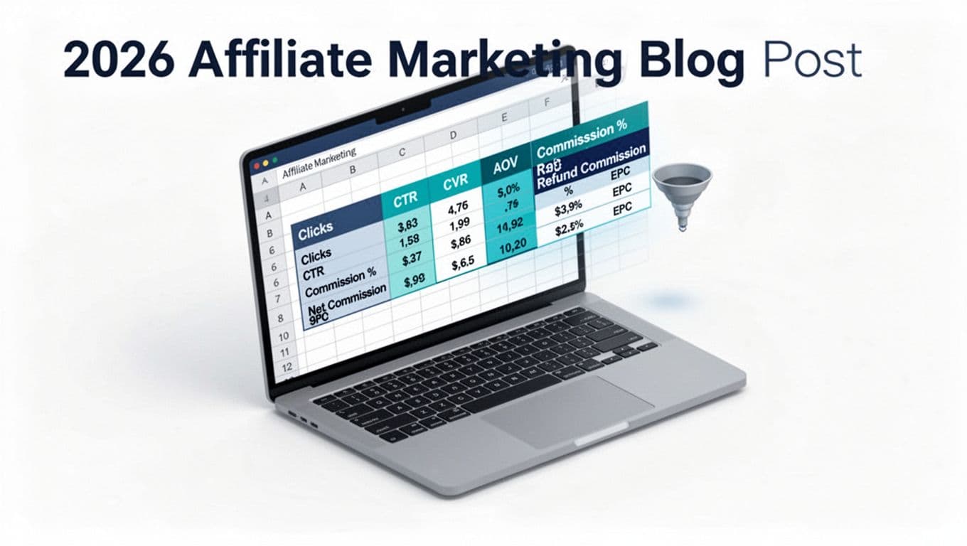 Clean, modern isometric illustration of a laptop screen displaying a generic spreadsheet grid with highlighted affiliate marketing columns: Clicks, CTR, CVR, AOV, Commission %, Refund Rate, Net Commission, EPC, including a small sales funnel icon next to CVR.