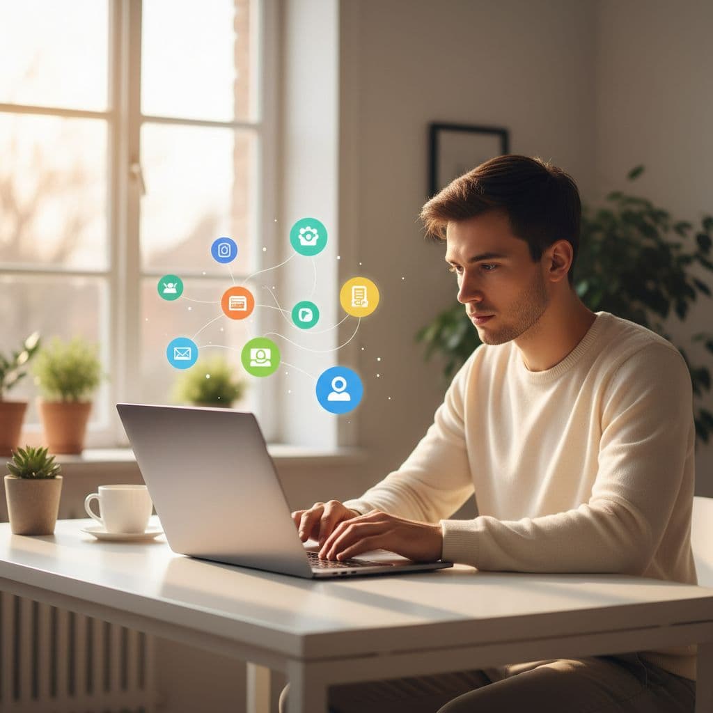 A focused professional sits at a minimalist desk viewing a laptop screen with colorful floating geometric icons. Warm light bathes the clean office setup as they evaluate various digital marketing opportunities.